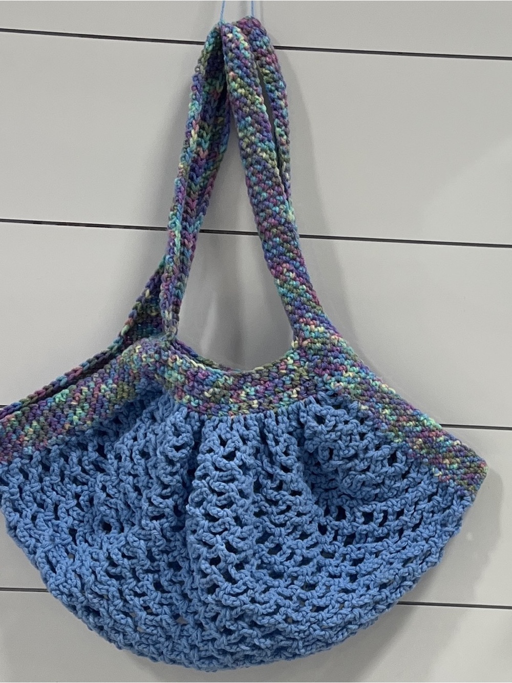 Handcrafted Blue Crochet Tote Bag with Multicolor Trim Small